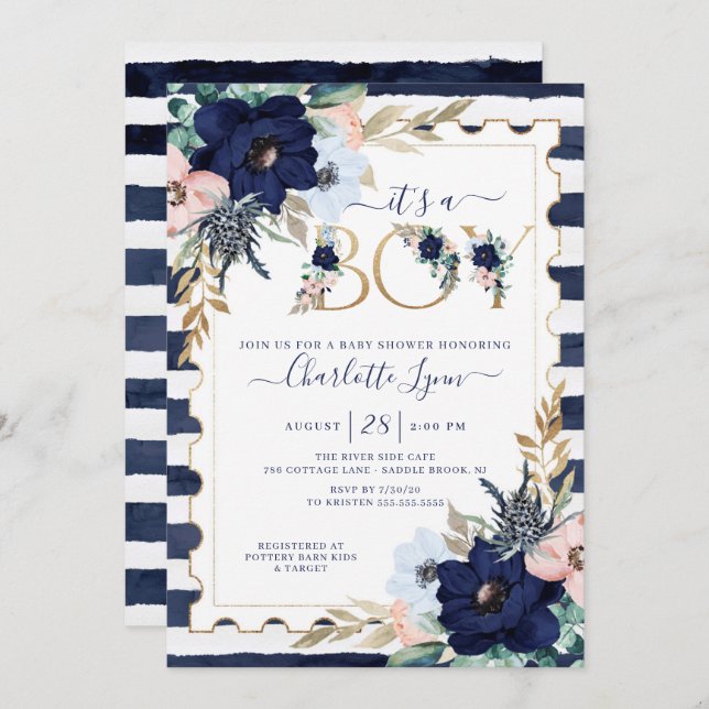It's A Boy Navy Blue & Blush Floral Baby Shower Invitation (Front/Back)