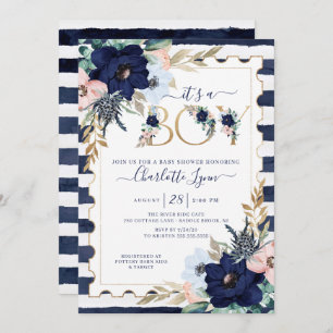 It's A Boy Navy Blue & Blush Floral Baby Shower Invitation
