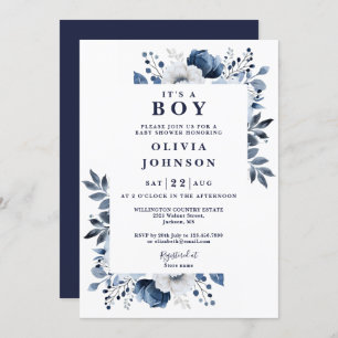 Its A Boy Navy Blue Elegant Floral Baby Shower Invitation