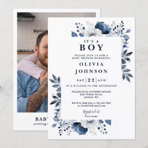 Its A Boy Navy Blue Floral Photo Baby Shower Invitation