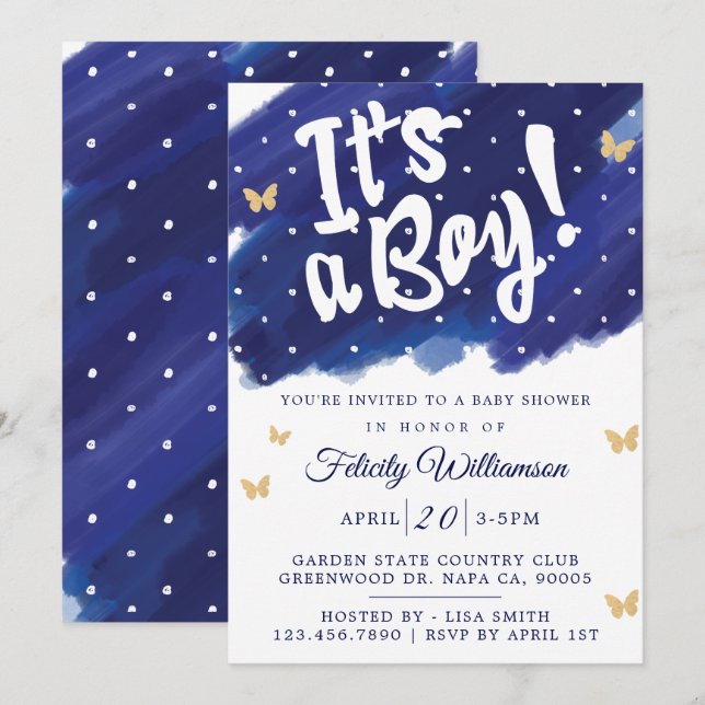 It's a Boy Navy & Gold Watercolour Baby Shower Invitation (Front/Back)