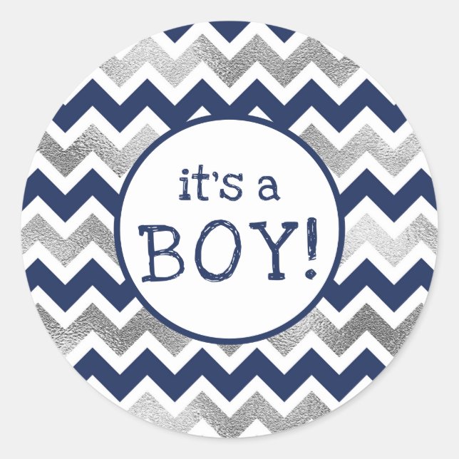 It's a Boy navy silver baby shower favor sticker (Front)