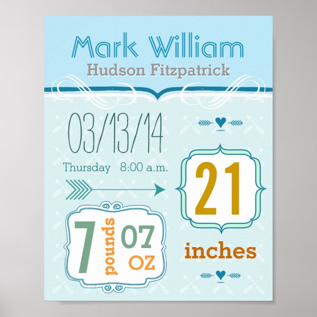 It's A Boy! New Baby Stats Cute Arrow Poster (Front)