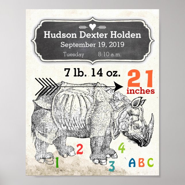 It's A Boy! New Baby Stats Rhinoceros Poster (Front)