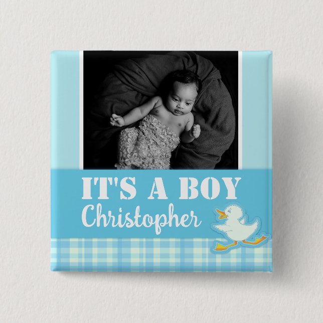It's a boy newborn photo and name blue badge pinback button (Front)