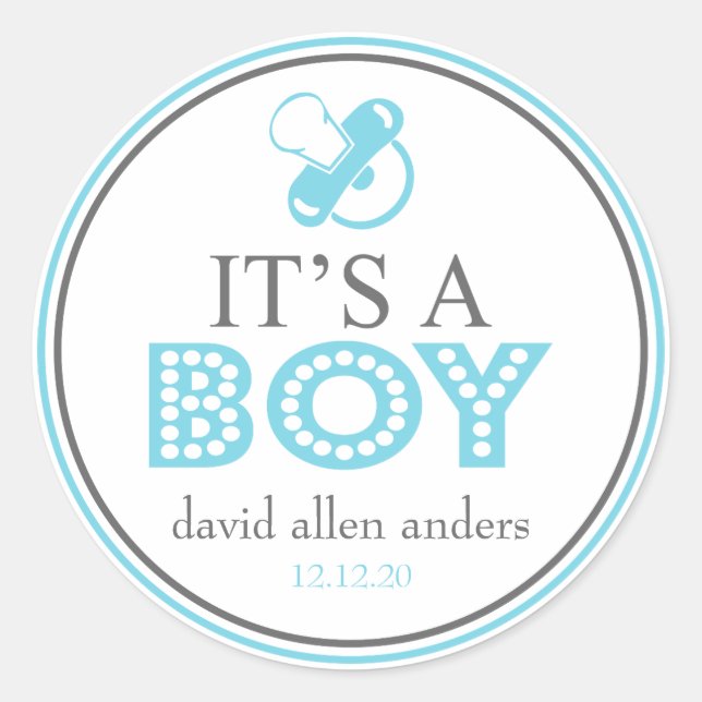 It's A Boy Pacifier Favor Sticker (Blue / Gray) (Front)