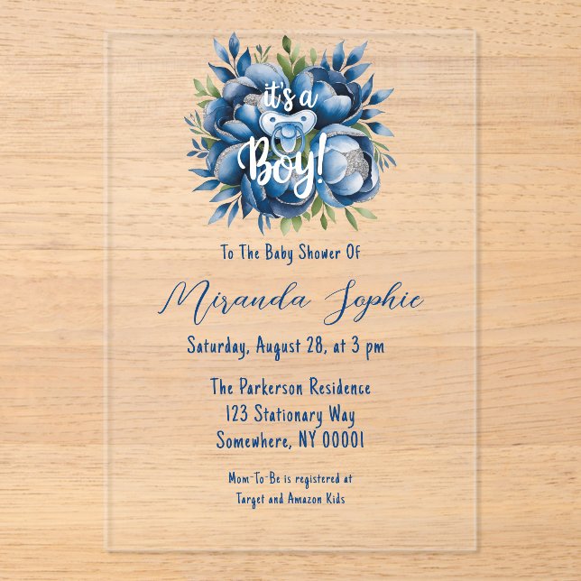 It's a Boy! Pacifier & Peonies Baby Shower Acrylic Invitations (Front)