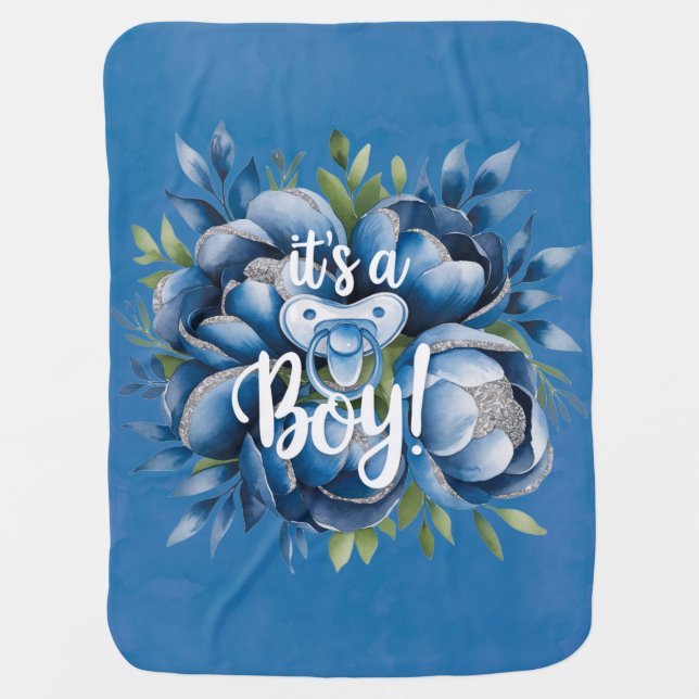 It's a Boy! Pacifier & Peonies Baby Shower Gift Blanket (Front)