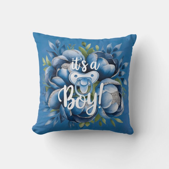 It's a Boy! Pacifier & Peonies Baby Shower Gift Throw Pillow (Front)