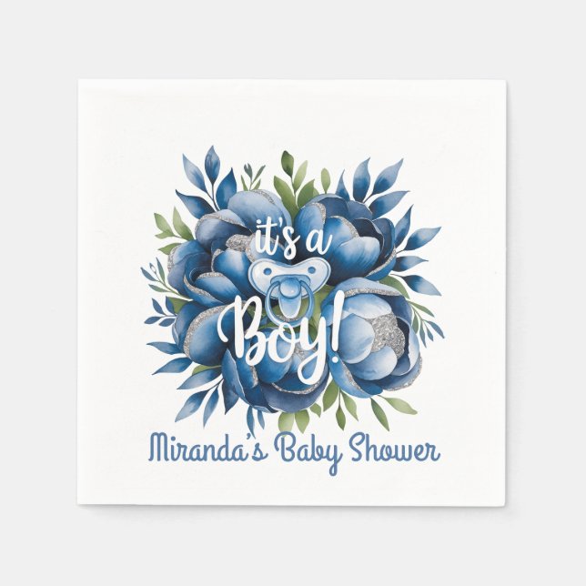 It's a Boy! Painted Pacifier & Peonies Baby Shower Napkins (Front)