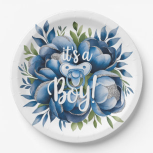 It's a Boy! Painted Pacifier & Peonies Baby Shower Paper Plates