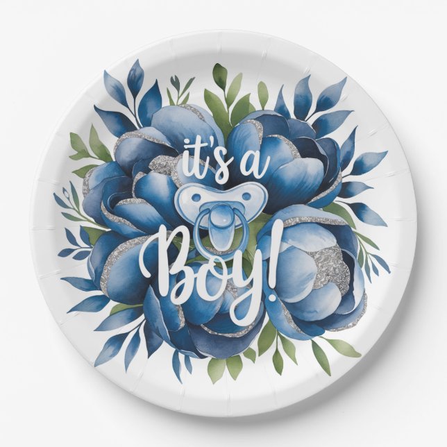 It's a Boy! Painted Pacifier & Peonies Baby Shower Paper Plates (Front)