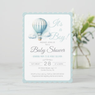 It's A Boy Pastel Blue Air Balloon Baby Shower Invitation