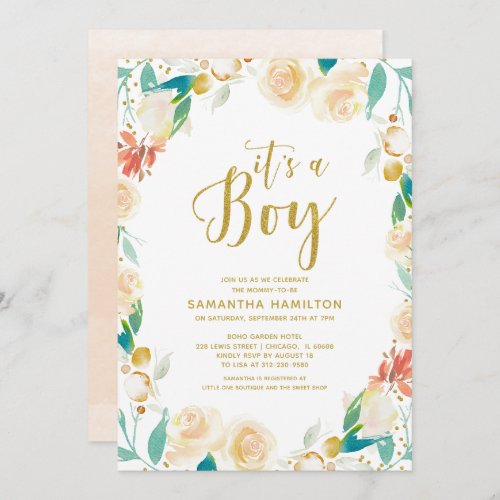 Its a Boy Peach Gold Glitter Floral Baby Shower Invitation