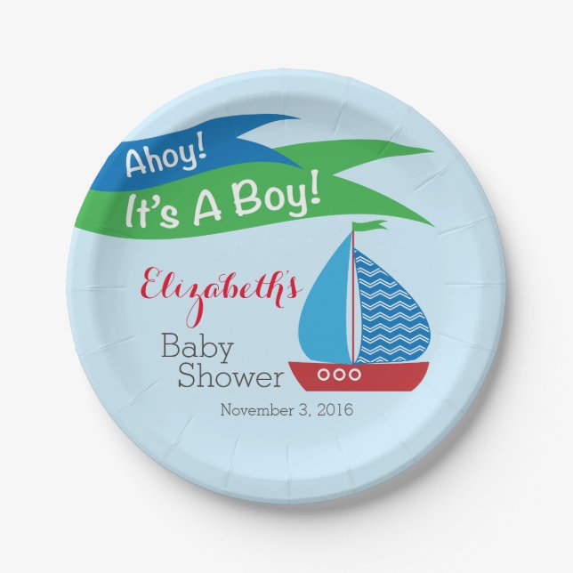 It's A Boy, Personalized Nautical Baby Shower Paper Plates (Front)