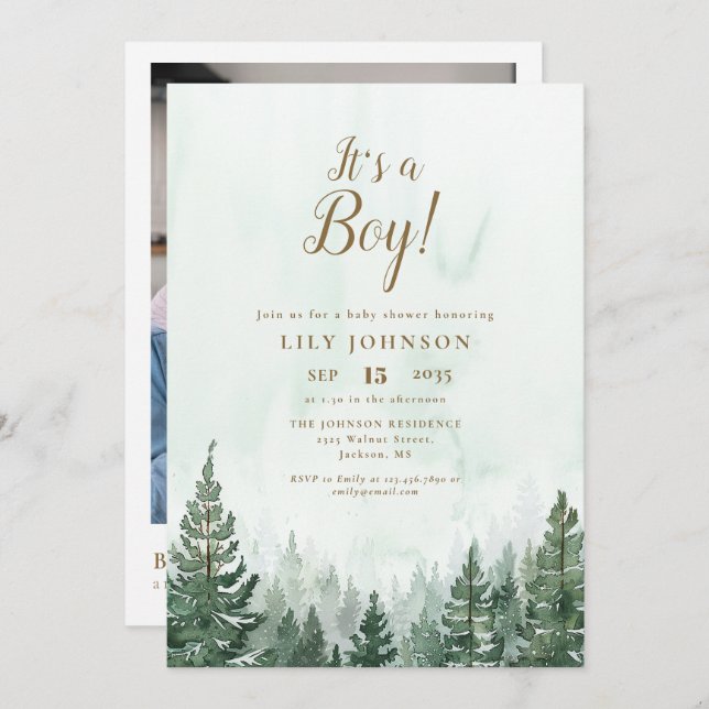 Its A Boy Pine Forest  Photo QR Code Baby Shower Invitation (Front/Back)