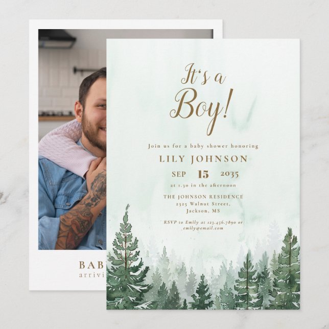 Its A Boy Pine Tree Forest Baby Shower Photo Invitation (Front/Back)