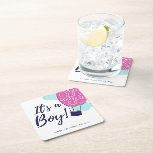 Its a Boy Pink Hot Air Balloon Baby Shower Square Paper Coaster
