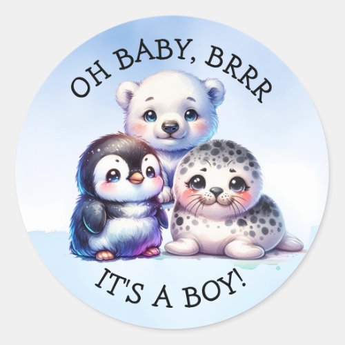 Its a Boy  Polar Arctic Winter Baby Shower Classic Round Sticker