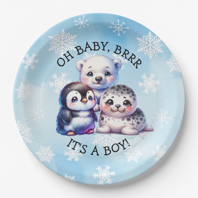 It's a Boy | Polar Arctic Winter Baby Shower Paper Plates (Front)
