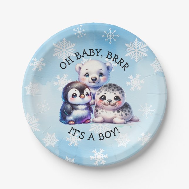 It's a Boy | Polar Arctic Winter Baby Shower Paper Plates (Front)