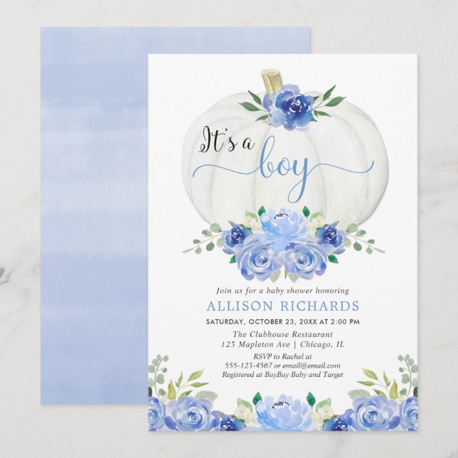 It's a boy pumpkin blue floral white baby shower invitation (Front/Back)