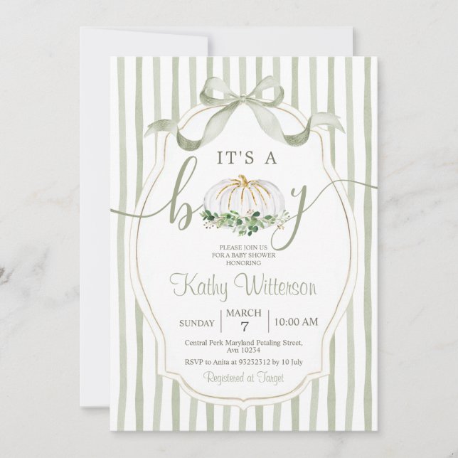 It's a Boy Pumpkin Dusty Green Baby Shower Invitation (Front)