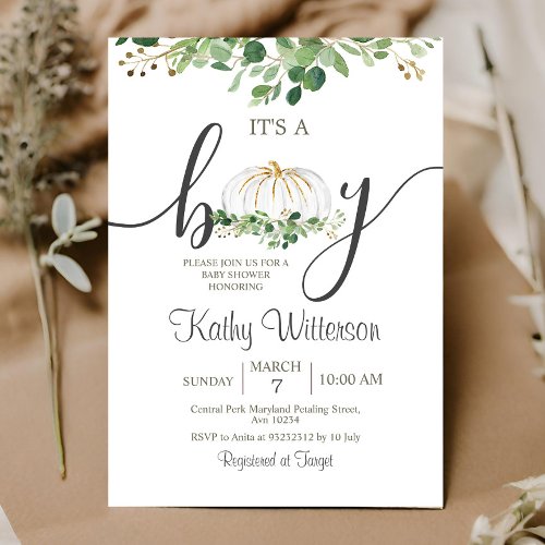 Its a Boy Pumpkin Greenery Floral Baby Shower Invitation