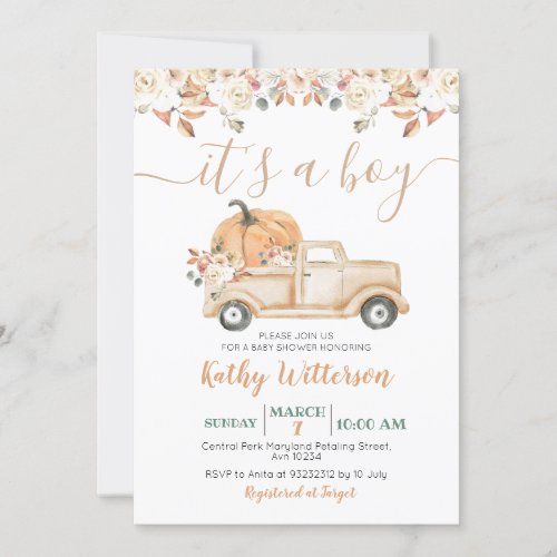 Its a Boy Pumpkin Truck Rustic Floral Baby Shower Invitation