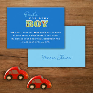 It's a BOY, red car font in a blue background Enclosure Card