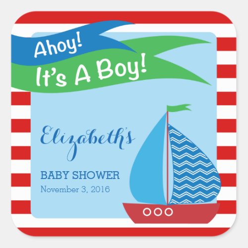 Its A Boy Red Nautical Baby Shower Square Sticker