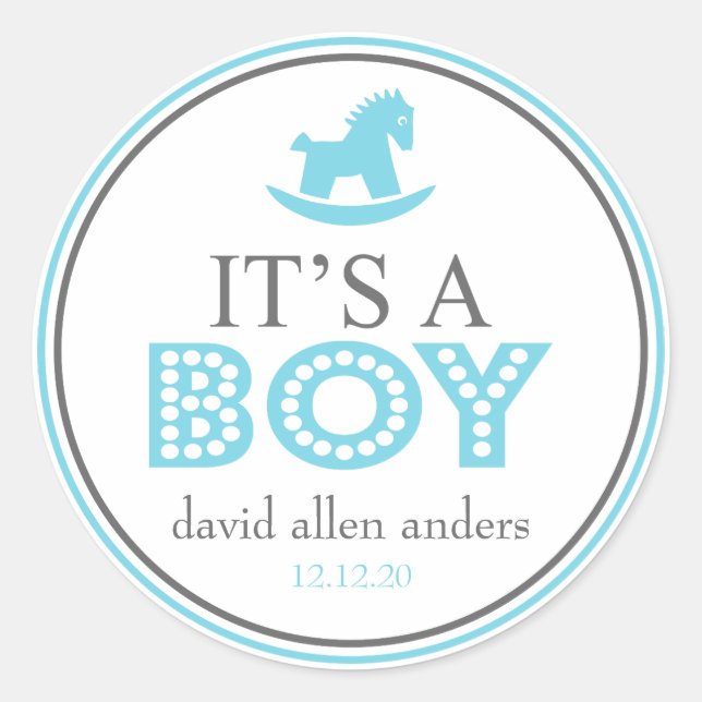 It's A Boy Rocking Horse Favor Sticker (Blue) (Front)