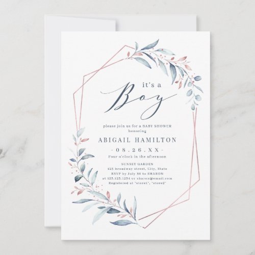 Its a Boy rose gold Blue Greenery Baby Shower Invitation