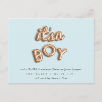 Its A Boy! Rose Gold/bule Postcard. Announcement Postcard by Stacy_Cooke_Art at Zazzle