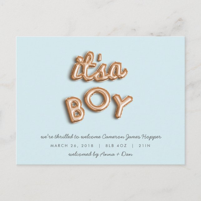 ITS a BOY! Rose gold/BULE postcard. Announcement Postcard (Front)