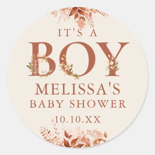 Its A Boy Rustic Floral Autumn Fall Baby Shower Classic Round Sticker