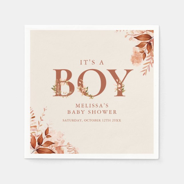 Its A Boy Rustic Floral Letter Fall Baby Shower Napkins (Front)