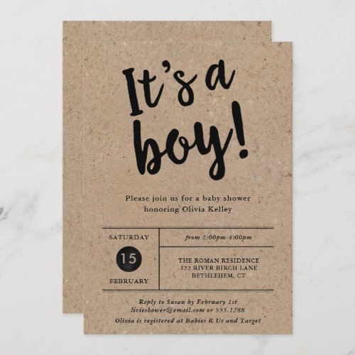 Its A Boy Rustic Kraft Baby Shower Invitation