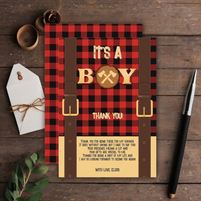 It's a boy Rustic Lumberjack Flannel Baby Shower I Thank You Card (Creator Uploaded)