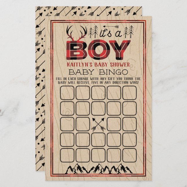 It's A Boy! Rustic Plaid Lumberjack Baby Bingo (Front/Back)