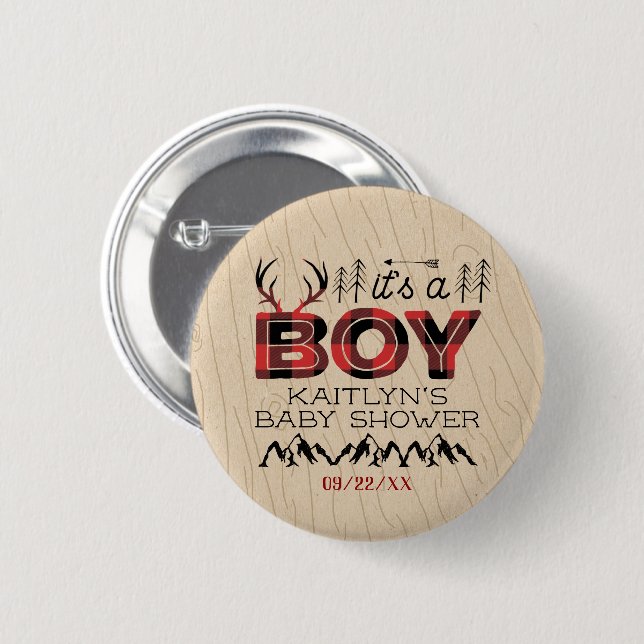 It's A Boy! Rustic Plaid Lumberjack Baby Shower Button (Front & Back)