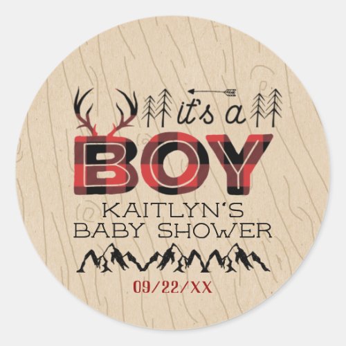 Its A Boy Rustic Plaid Lumberjack Baby Shower Classic Round Sticker