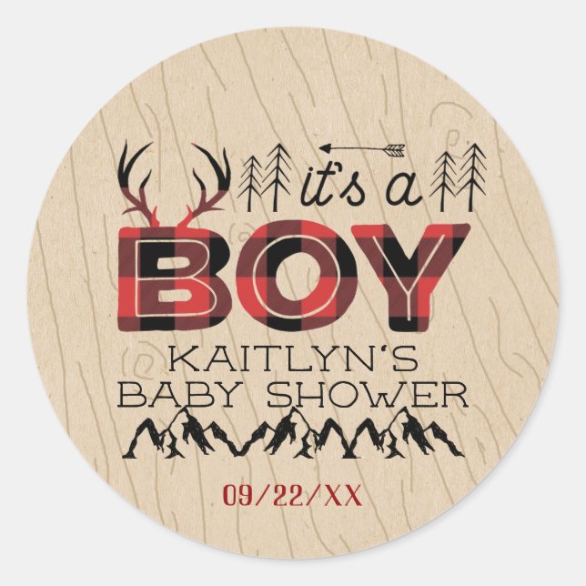 It's A Boy! Rustic Plaid Lumberjack Baby Shower Classic Round Sticker (Front)
