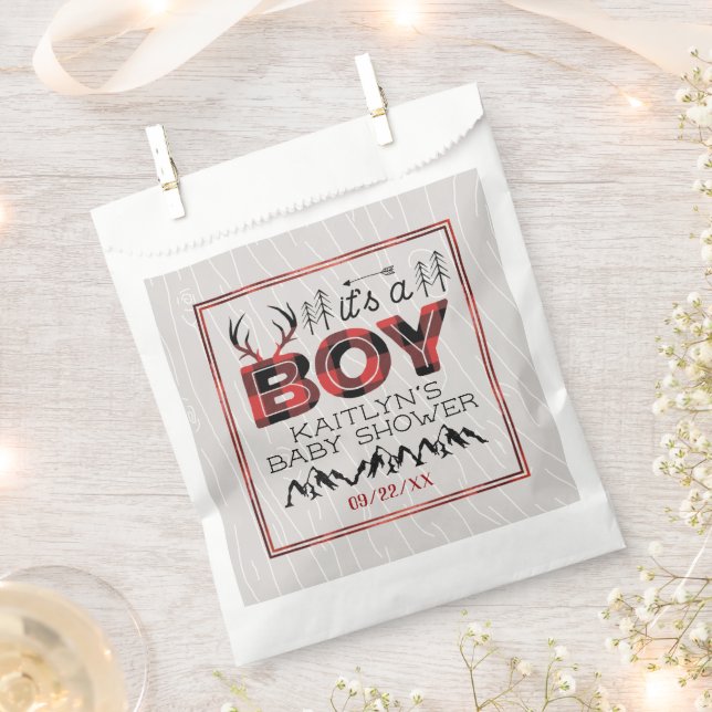 It's A Boy! Rustic Plaid Lumberjack Baby Shower Favor Bag (Clipped)