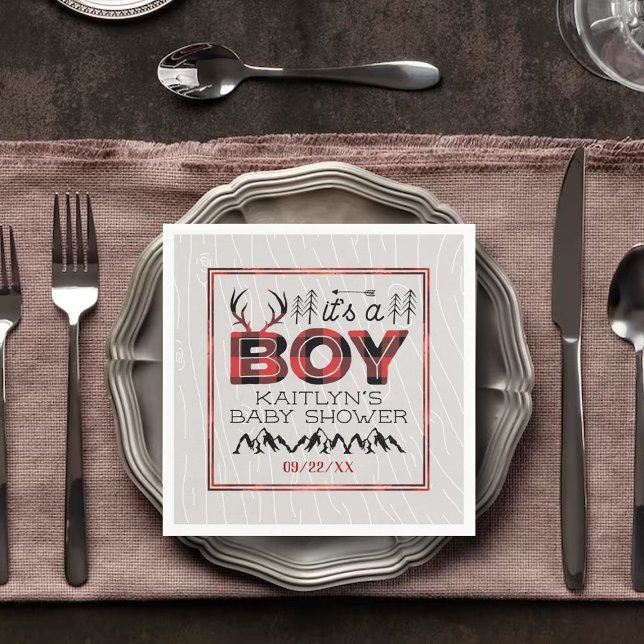 It's A Boy! Rustic Plaid Lumberjack Baby Shower Napkins (Creator Uploaded)