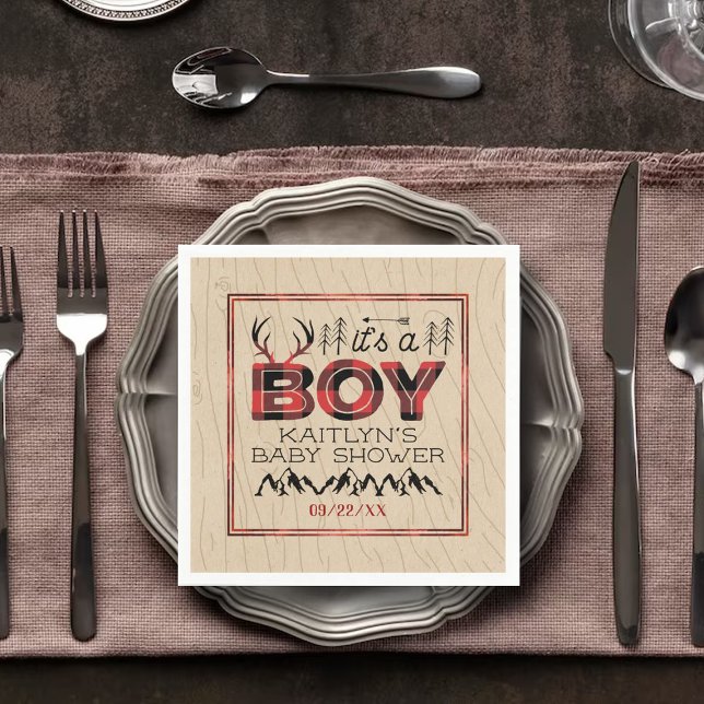 It's A Boy! Rustic Plaid Lumberjack Baby Shower Napkins (Creator Uploaded)