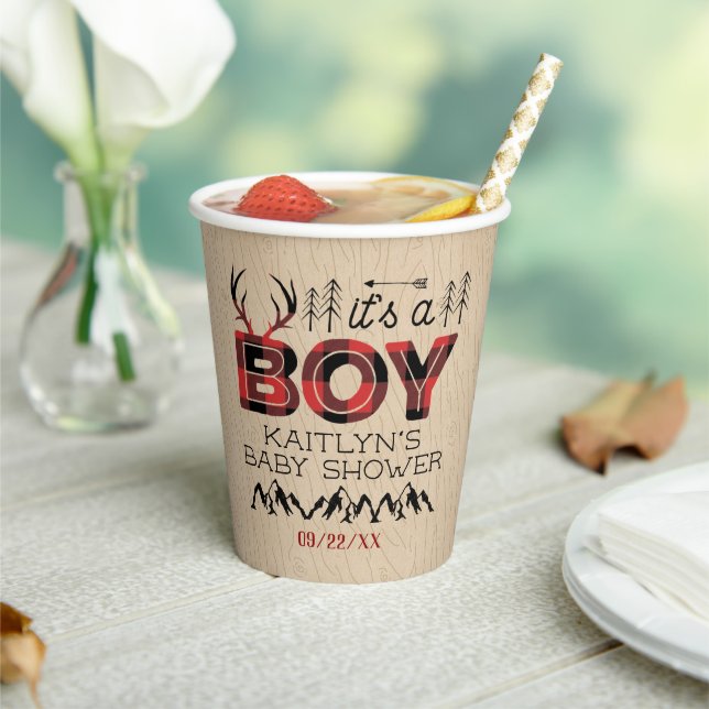 It's A Boy! Rustic Plaid Lumberjack Baby Shower Paper Cups (Insitu)