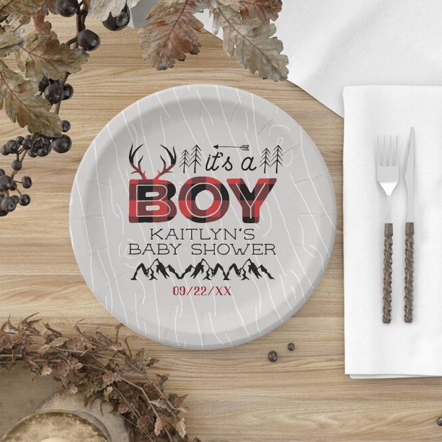 It's A Boy! Rustic Plaid Lumberjack Baby Shower Paper Plates (Creator Uploaded)