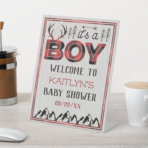 Its A Boy Rustic Plaid Lumberjack Baby Shower Pedestal Sign