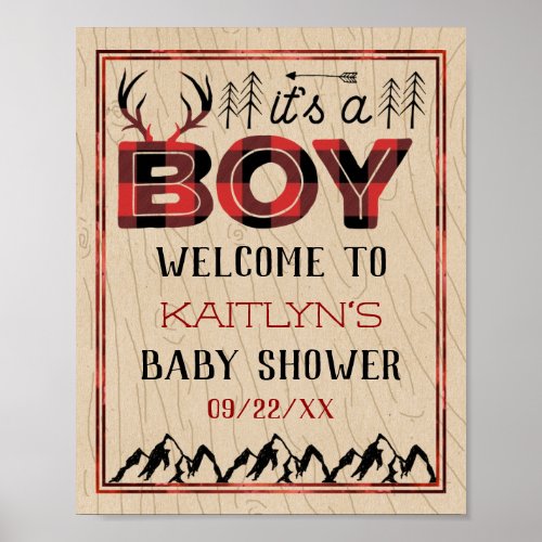 Its A Boy Rustic Plaid Lumberjack Baby Shower Poster